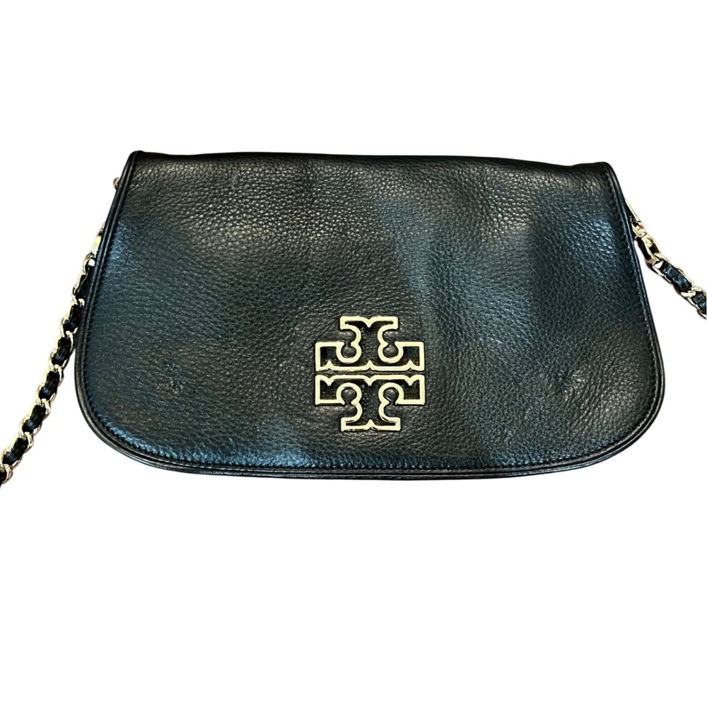 Tory Burch Crossbody Bag Womens Black Pebbled Leather Gold Chain Logo Small
